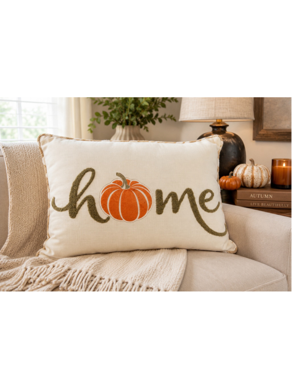 Better Homes & Gardens Pumpkin "Home" Throw Pillow 18x12 Fall Farmhouse Decor